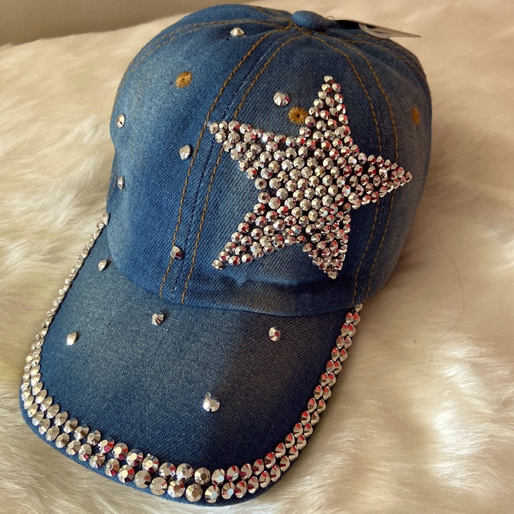 New! Denim baseball cap with rhinestones.